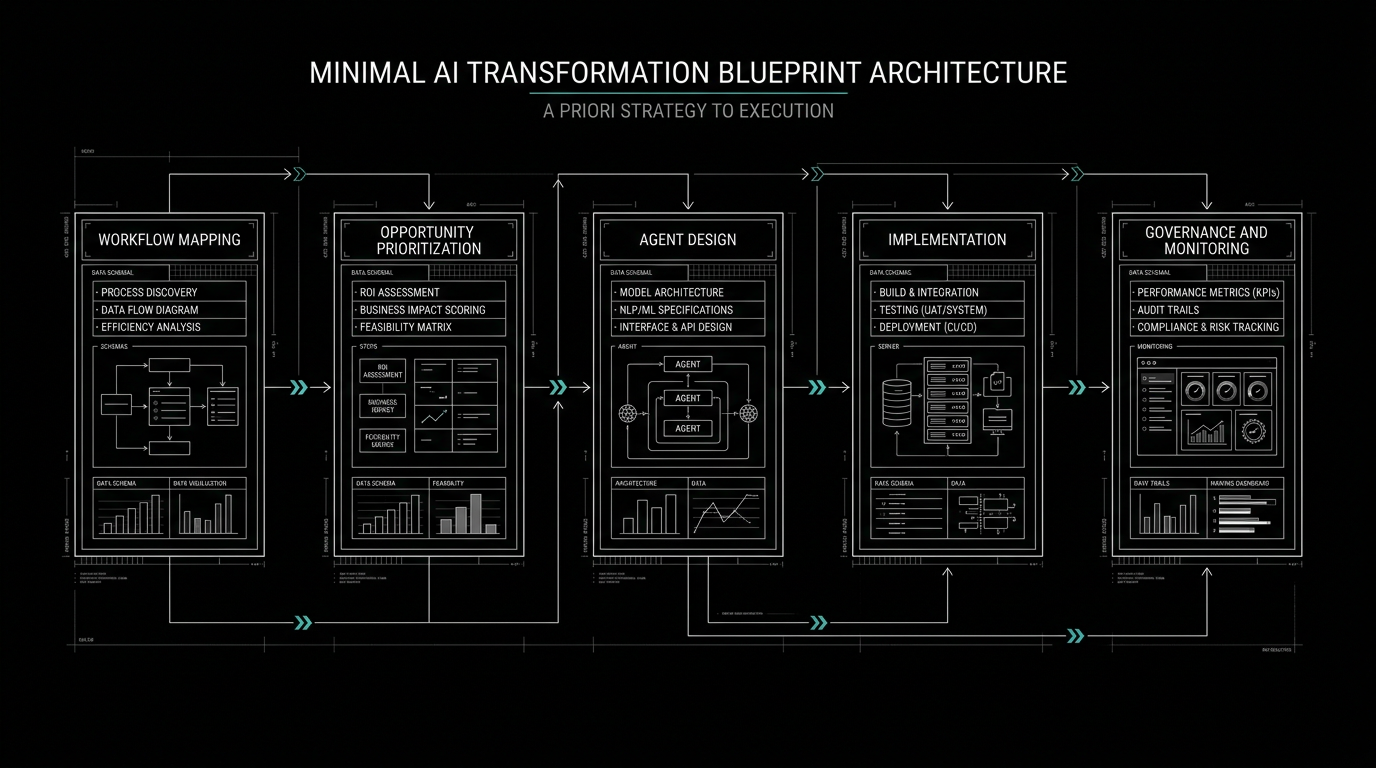 Blueprint de transformação em IA: mapeamento, priorização, design de agentes, implementação e governança