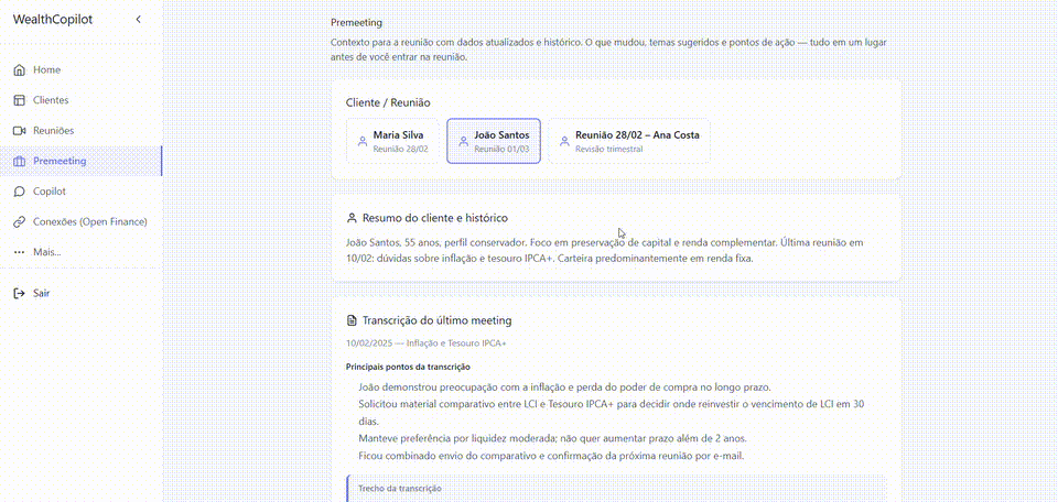 Contexto para cada reunião - WealthCopilot